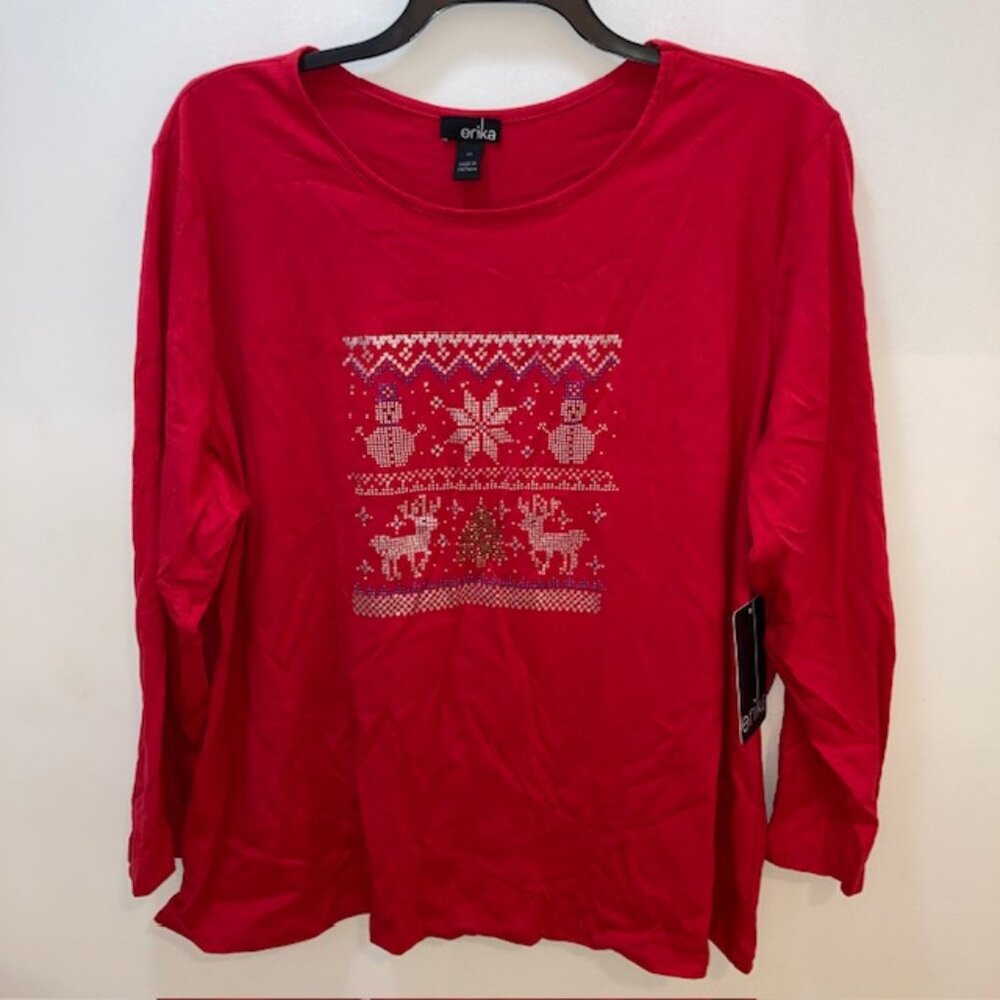 ERIKA RED CHRISTMAS BEADED PULLOVER TOP TSHIRT LONGSLEEVE 3X